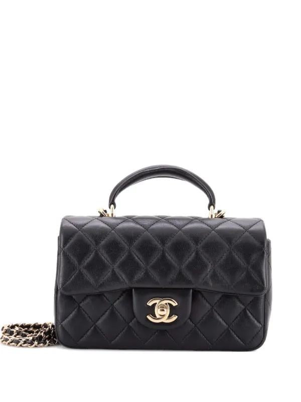 Chanel Flap Bag with Top Handle Black Lambskin Light Gold Hardware