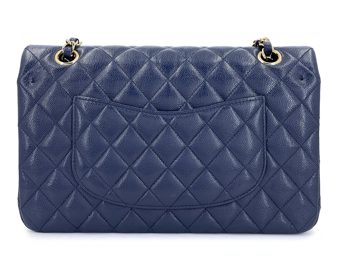 Navy Blue Quilted Caviar Medium Classic Double Flap Bag Gold Hardware 01