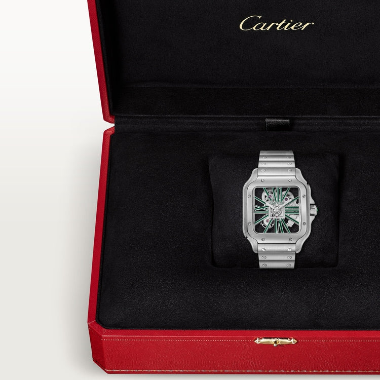 Santos de Cartier Skeleton Large 39.8mm Steel Green Jasper Crown Skeleton Dial Steel Bracelet Manual-Winding Watch