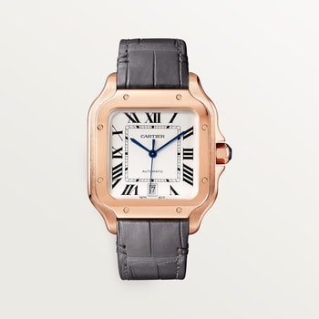 Santos de Cartier Medium 35.1mm Rose Gold Blue Crown Silver Dial Alligator Strap Self-Winding Watch