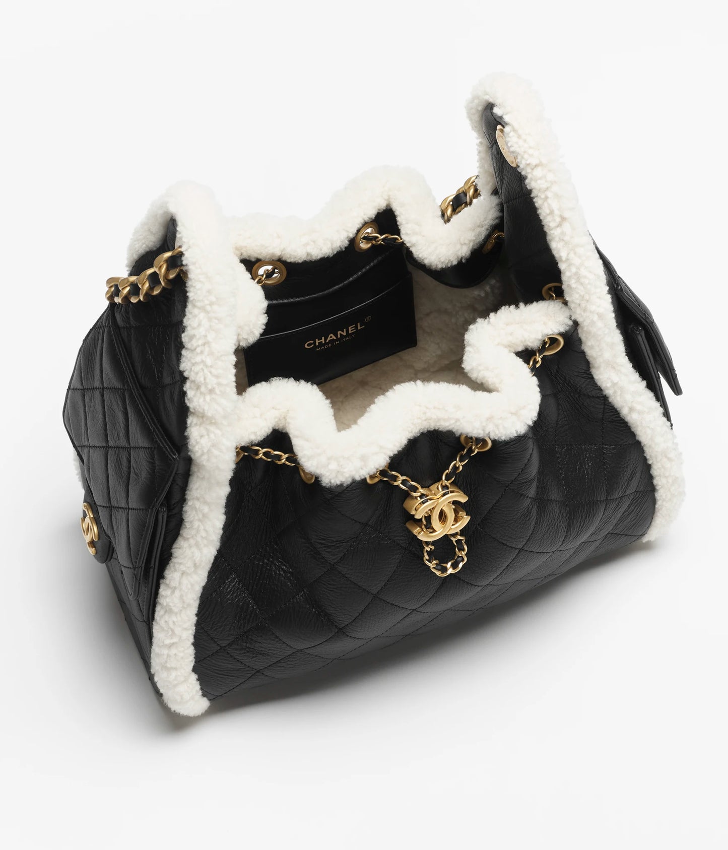 Chanel 25 Shearling Sheepskin & Gold-Tone Metal Black & White 01