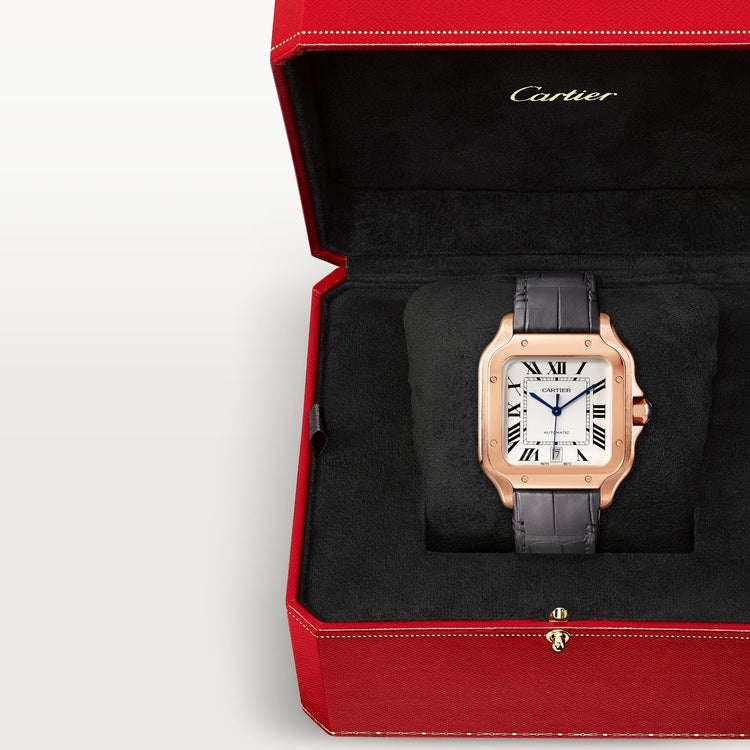 Santos de Cartier Large 39.8mm Rose Gold Blue Crown Opaline Silver Dial Alligator Strap Self-Winding Watch