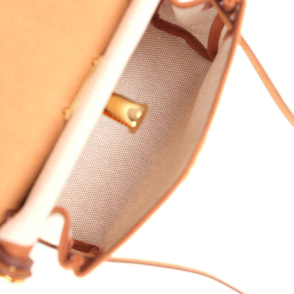 Herbag Zip 20 Mini Ecru and Beige Toile H Canvas and Fauve Vache Hunter Gold Hardware