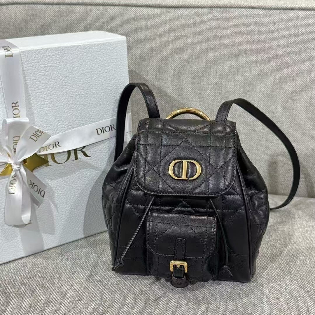 Luxury Black Leather Mini Backpack with Gold Buckle