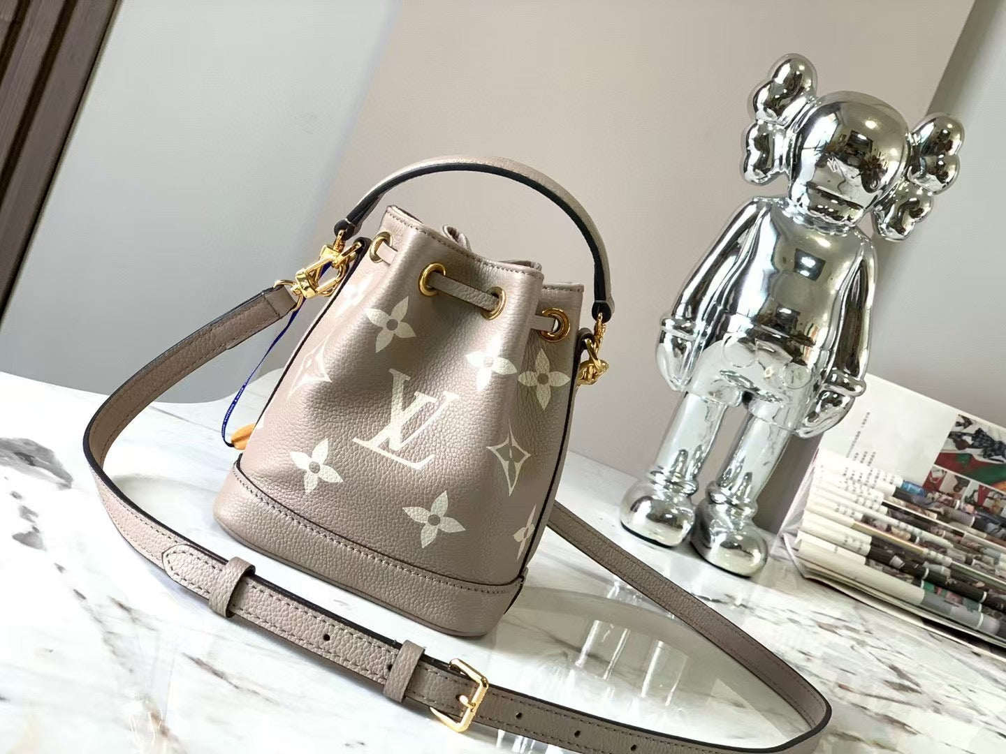 Bucket Bag Drawstring Closure Adjustable Strap Beige