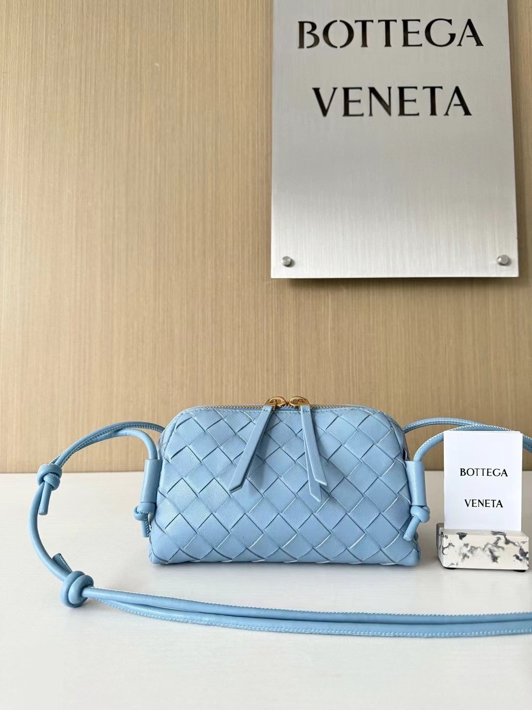 Compact Woven Crossbody Bag with Knot Strap Detail