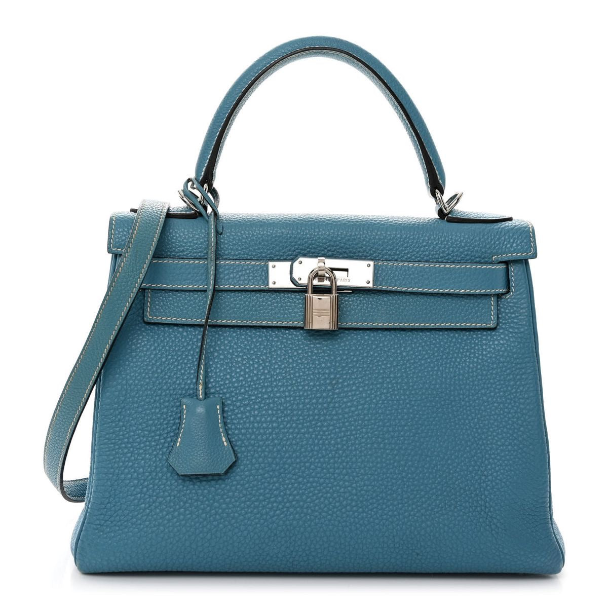 Hermes Kelly 25 Blue Jean Veau Togo...Leather Palladium Plated Y Stamp 01