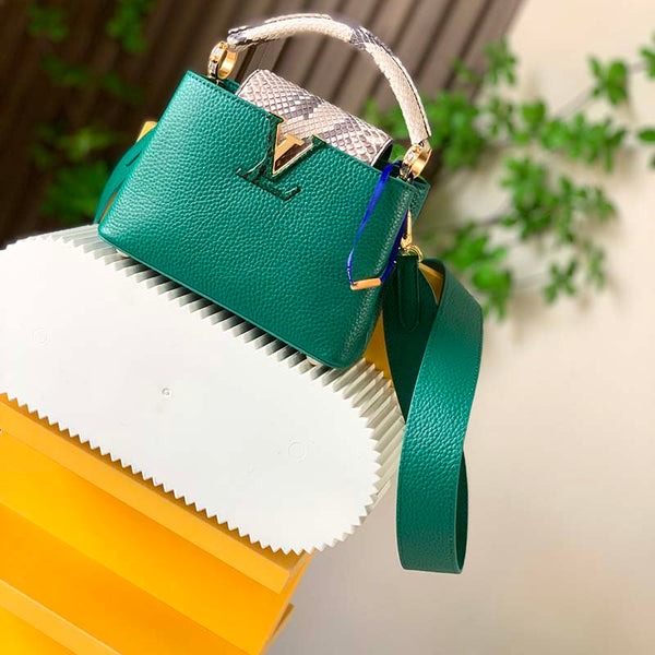 Capucines Mini Taurillon Leather Python Trim Top Handle Bag