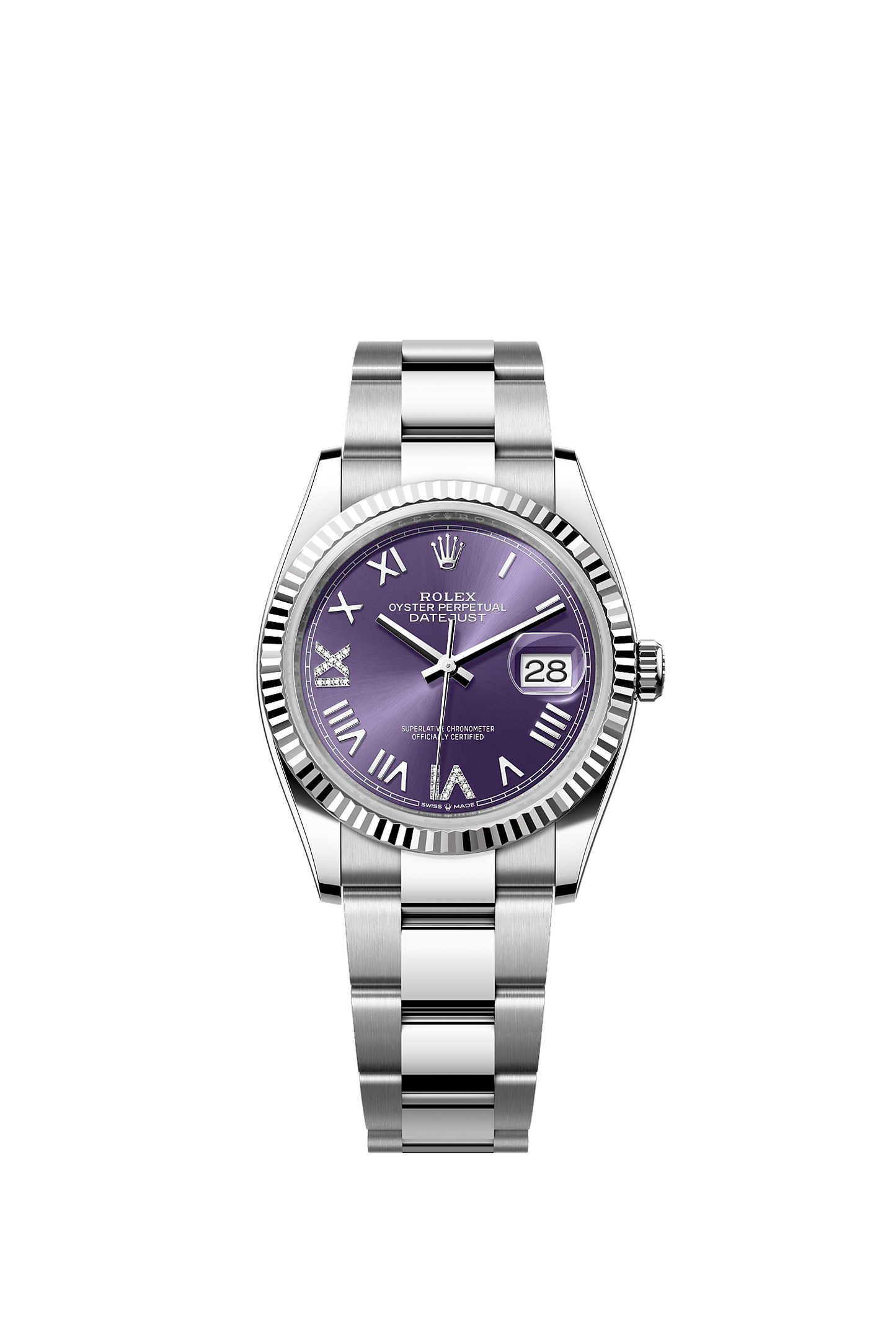 Datejust 36 Oyster Perpetual Chronometer Watch 36mm White Rolesor Aubergine Diamond Dial Oyster Bracelet
