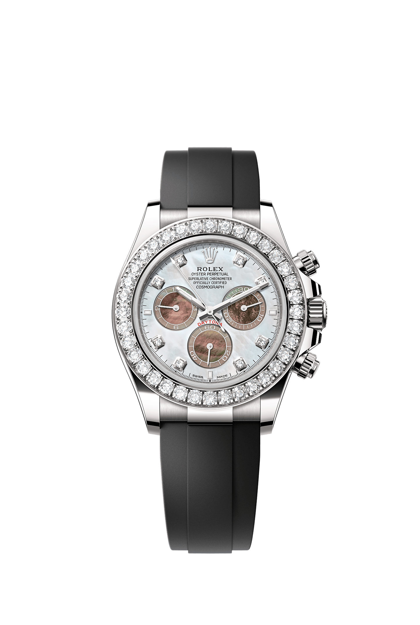 Cosmograph Daytona Oyster Chronograph Watch 40mm 18ct White Gold Diamond-Set Bezel White Black Mother-Of-Pearl Dial