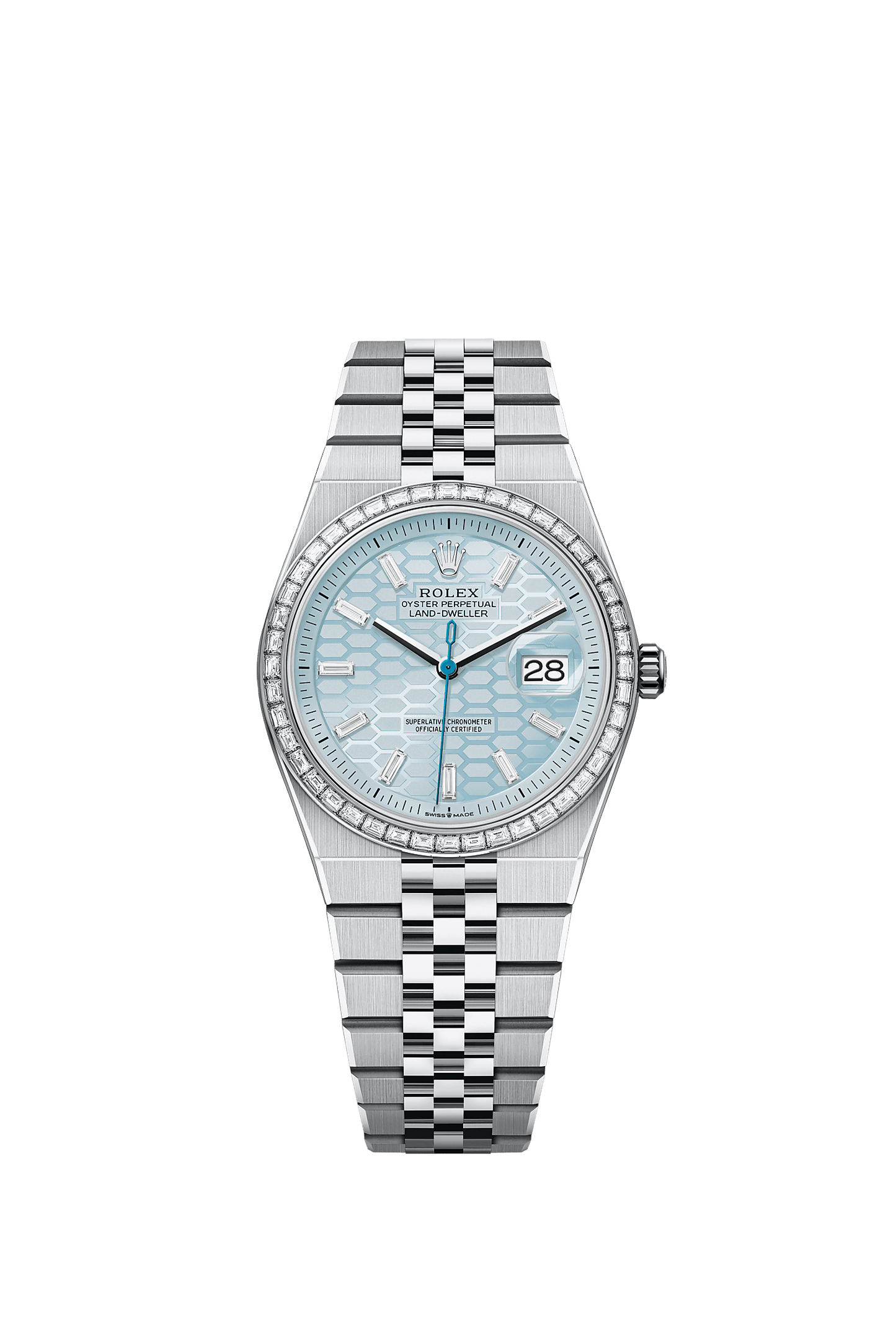 Land-Dweller 36 950 Platinum Ice Blue Honeycomb Diamond Dial Flat Jubilee Bracelet 36mm Self-Winding Watch