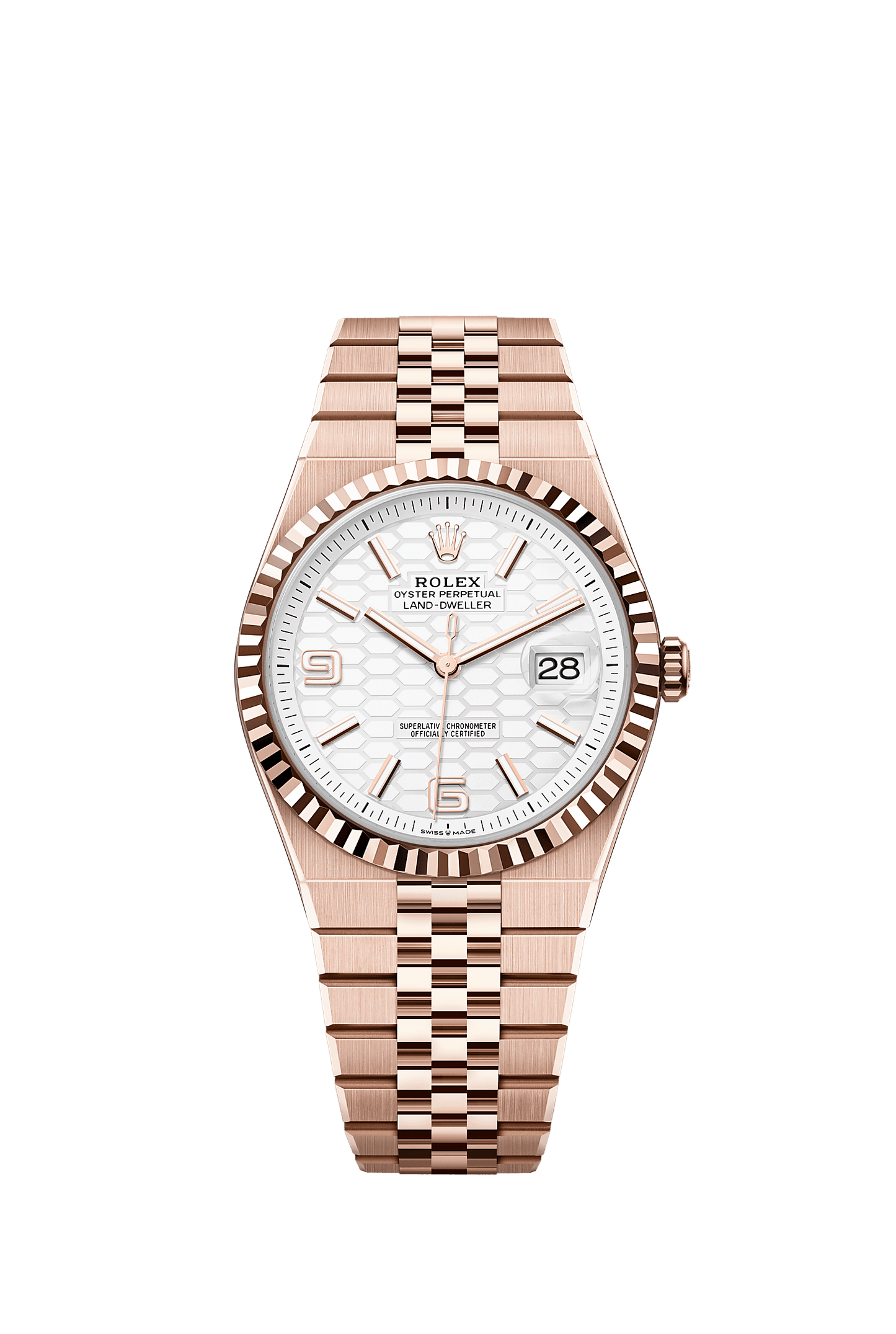 Land-Dweller 40 Oyster Chronometer Watch 40mm 18ct Everose Gold Intense White Honeycomb Dial Flat Jubilee Bracelet