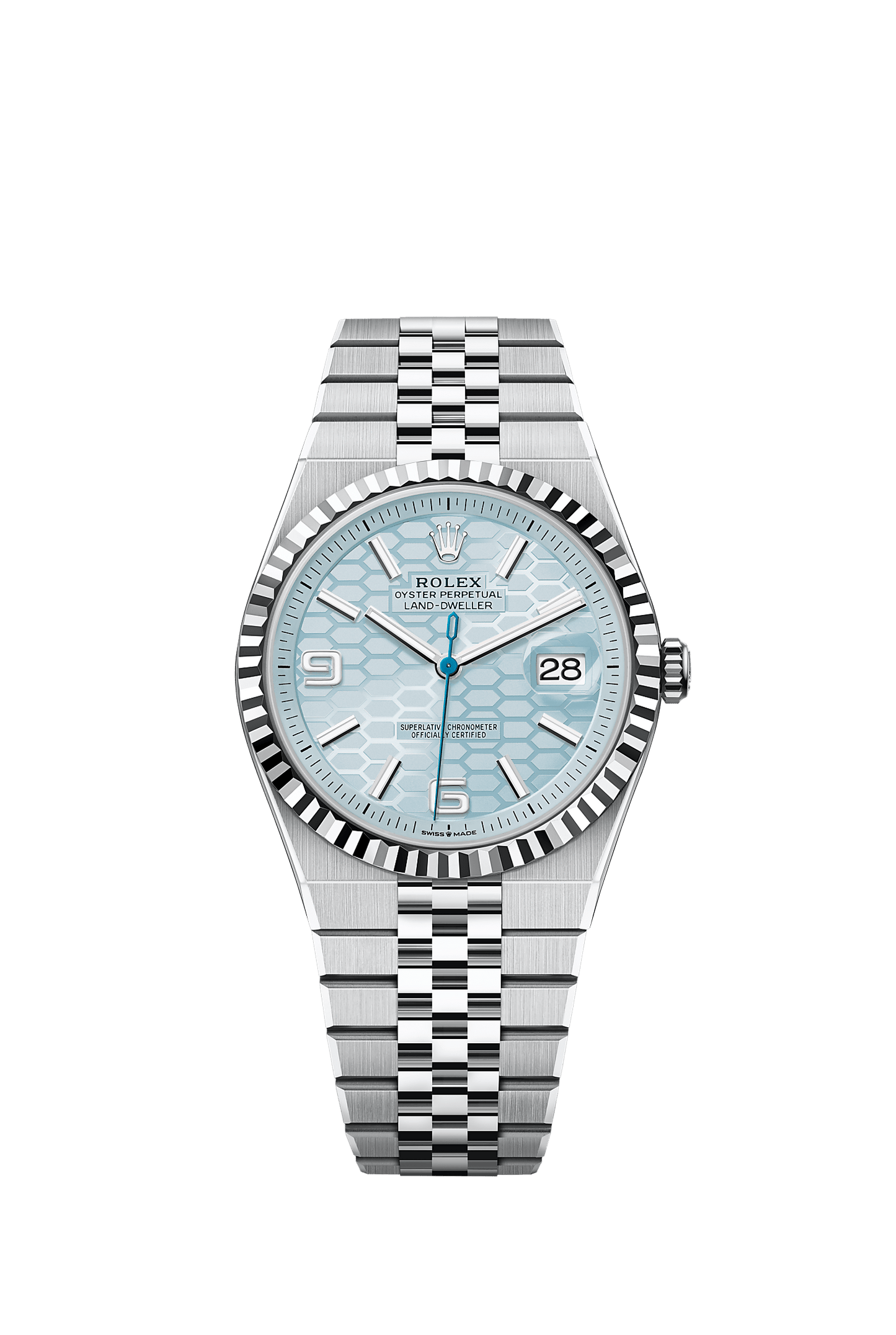 Land-Dweller 40 40mm Platinum Ice Blue Honeycomb Dial Fluted Bezel Flat Jubilee Bracelet Self-Winding Watch