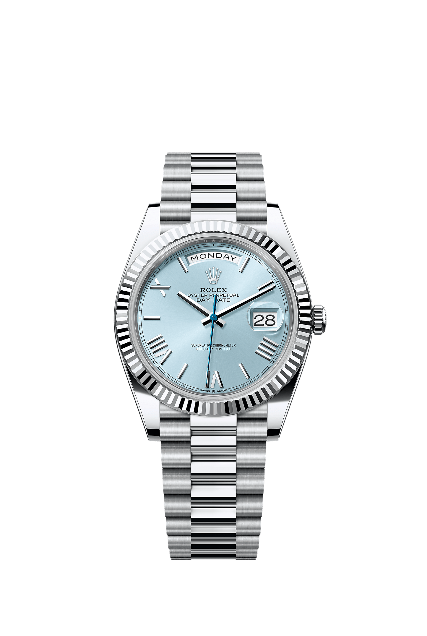 Day-Date 40 40mm 950 Platinum Ice Blue Dial Fluted Bezel President Bracelet Perpetual Mechanical Watch