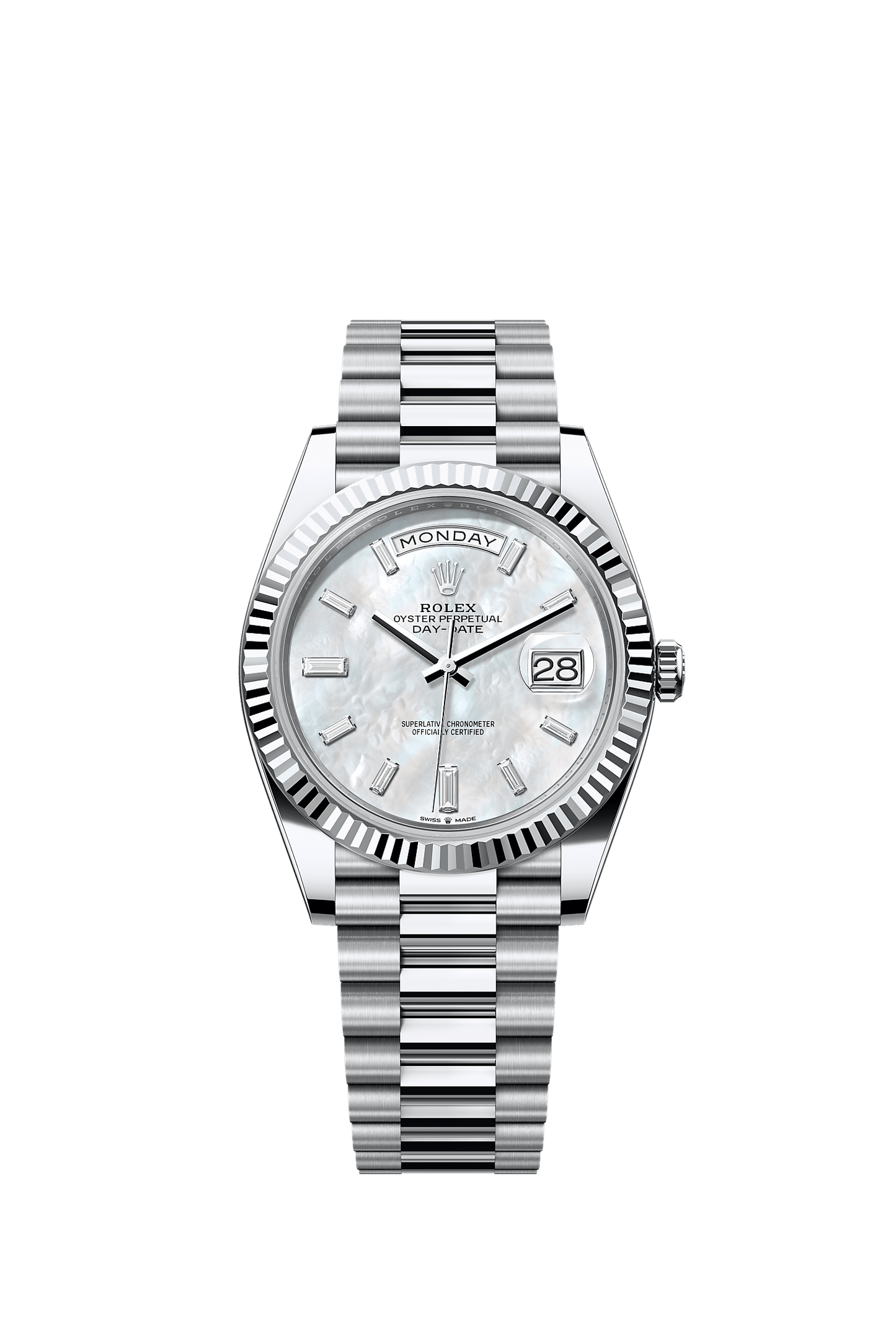 Day-Date 40 40mm 950 Platinum White Mother-Of-Pearl Diamond Dial Fluted Bezel President Bracelet Self-Winding Watch