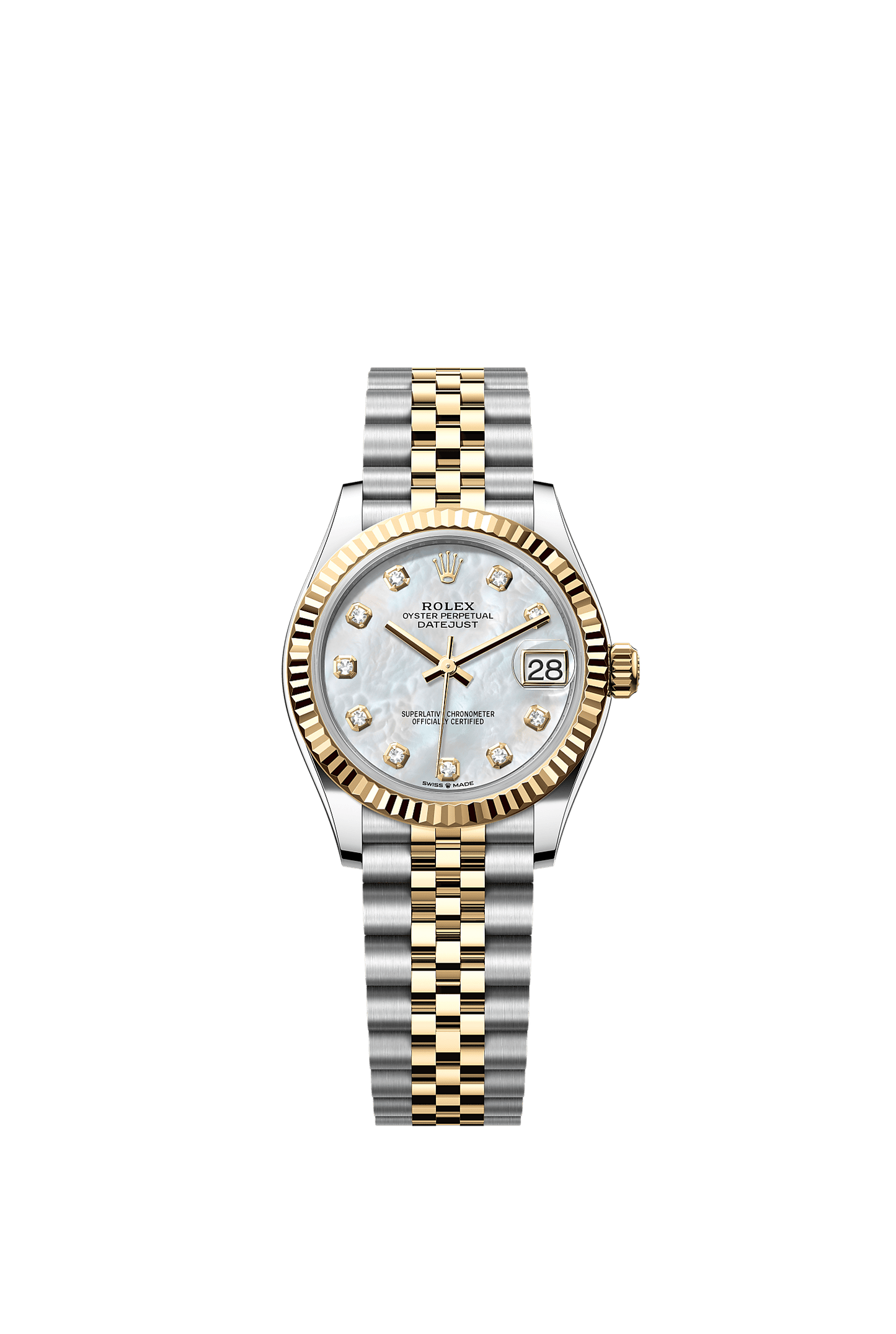 Datejust 31 Oystersteel Yellow Gold White Mother-Of-Pearl Diamond Dial Fluted Bezel Jubilee Bracelet 31mm Self-Winding Watch
