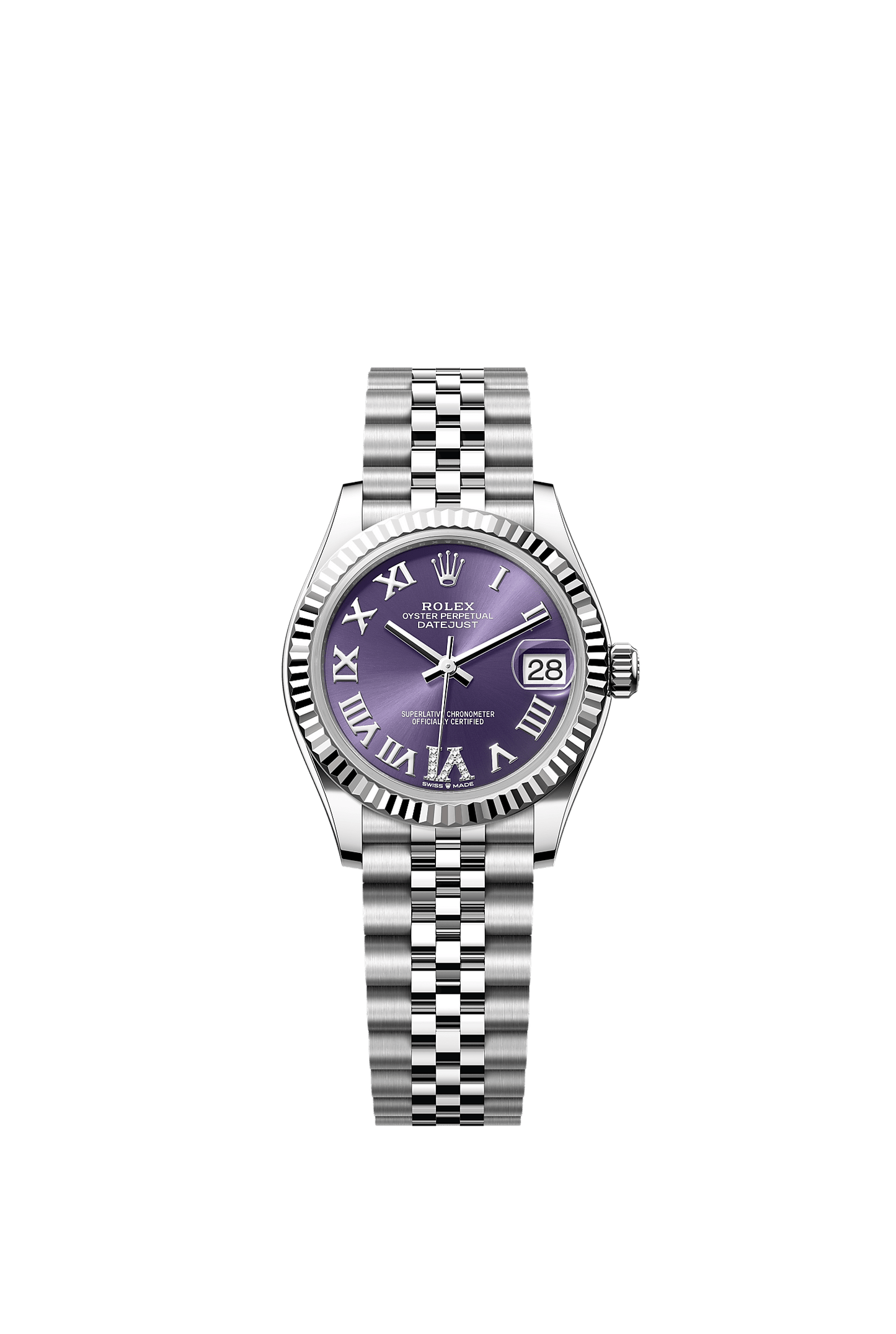 Datejust 31 Oystersteel White Gold Aubergine Diamond Dial Fluted Bezel Jubilee Bracelet 31mm Self-Winding Watch