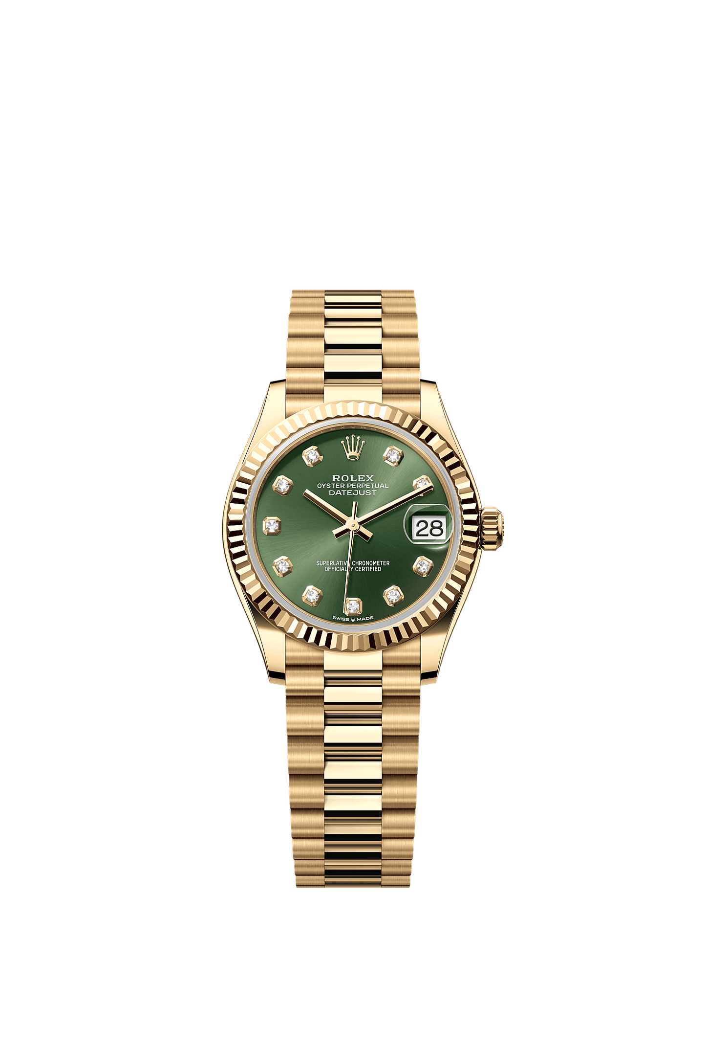Datejust 31 Oyster Chronometer Watch 31mm 18ct Yellow Gold Olive Green Diamond Dial President Bracelet