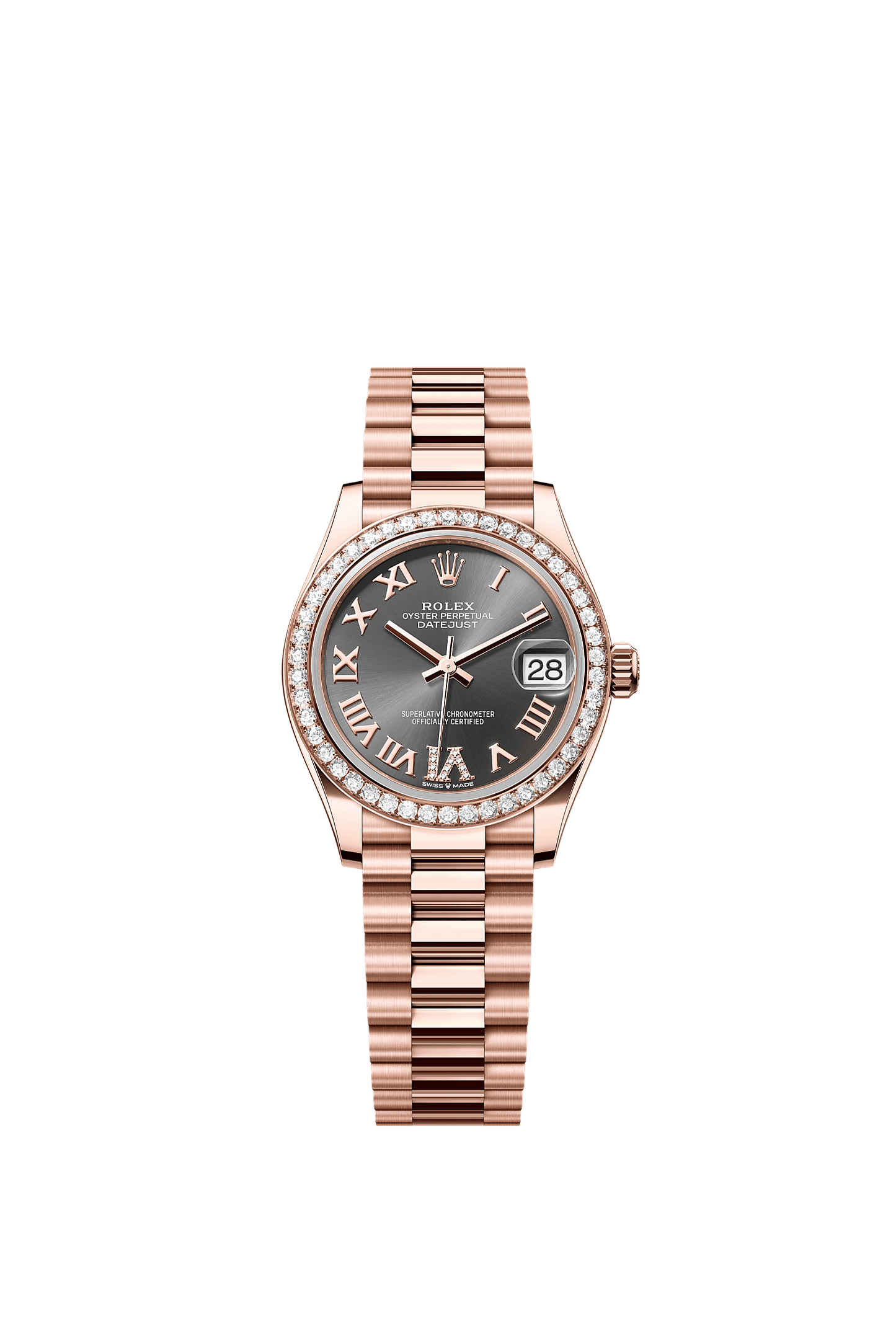 Datejust 31 Oyster Chronometer Watch 31mm 18ct Everose Gold Slate Diamond Dial President Bracelet