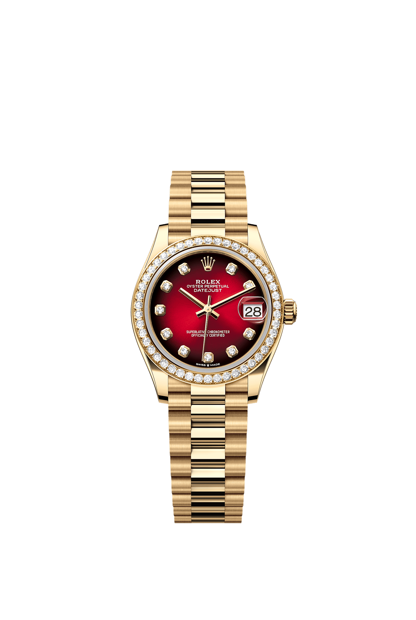 Datejust 31 Oyster Chronometer Watch 31mm 18ct Yellow Gold Red Ombré Diamond Dial President Bracelet