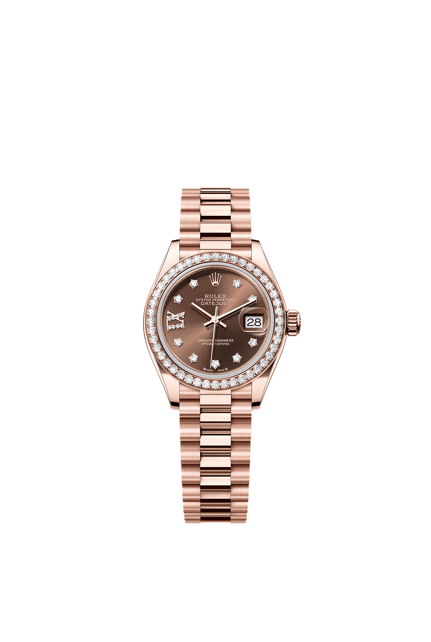 Lady-Datejust Oyster Chronometer Watch 28mm 18ct Everose Gold Chocolate Diamond Dial President Bracelet