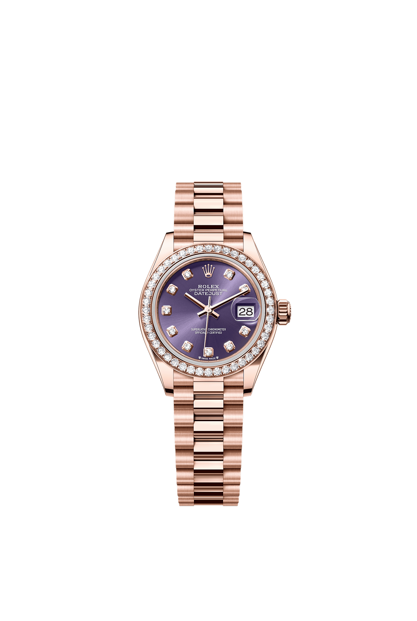 Lady-Datejust Oyster Chronometer Watch 28mm 18ct Everose Gold Aubergine Diamond Dial President Bracelet