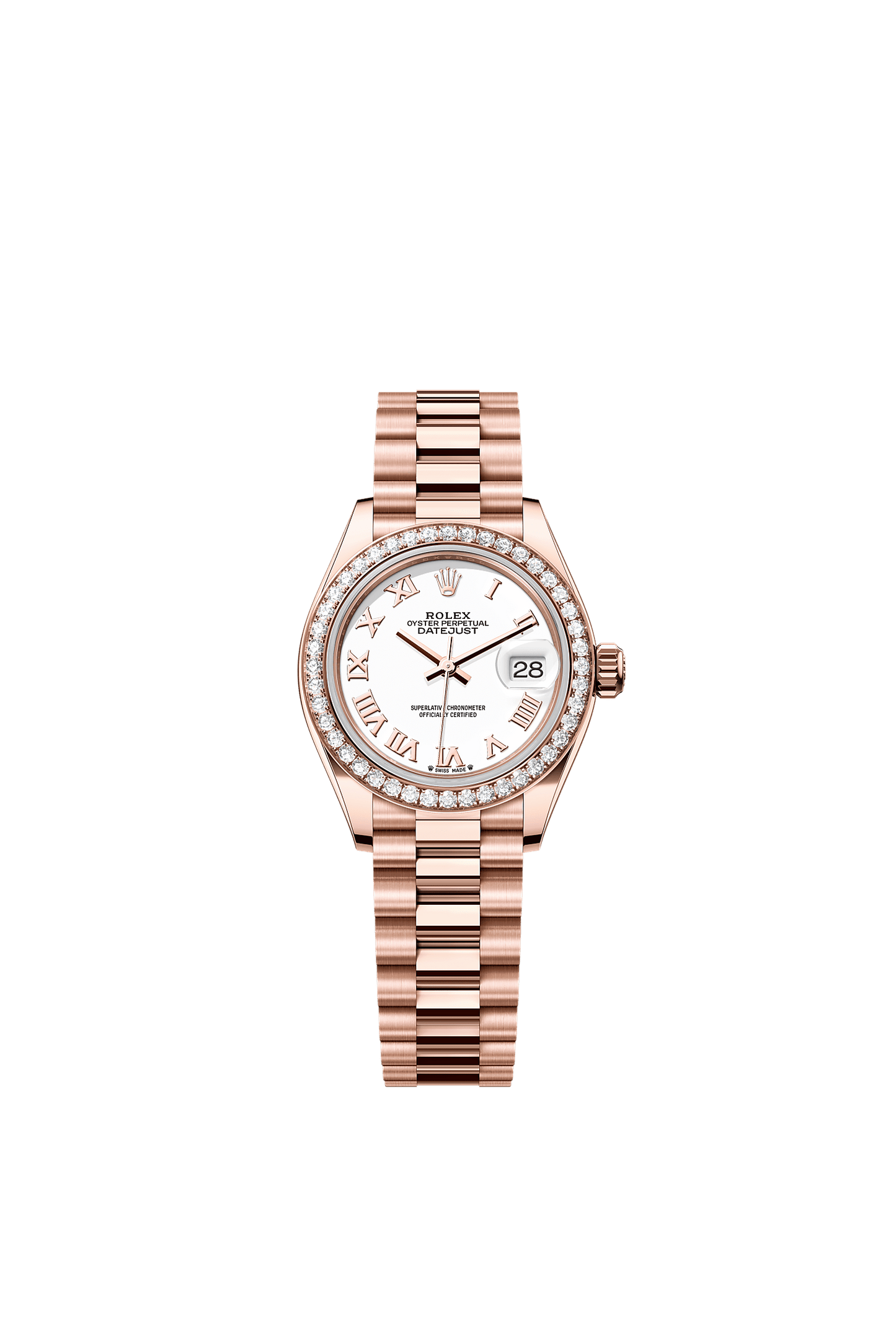 Lady-Datejust Oyster Chronometer Watch 28mm 18ct Everose Gold White Diamond Dial President Bracelet