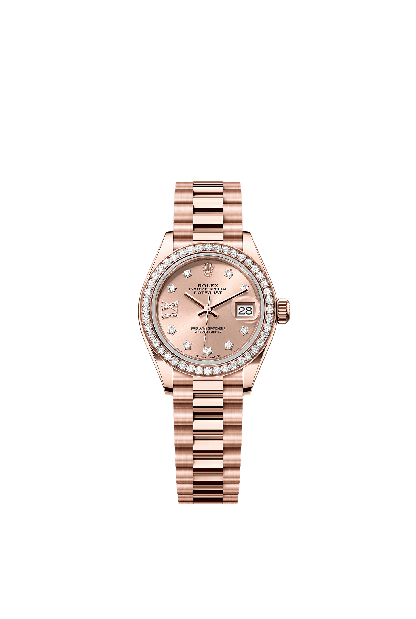 Lady-Datejust Oyster Chronometer Watch 28mm 18ct Everose Gold Rosé Diamond Dial President Bracelet