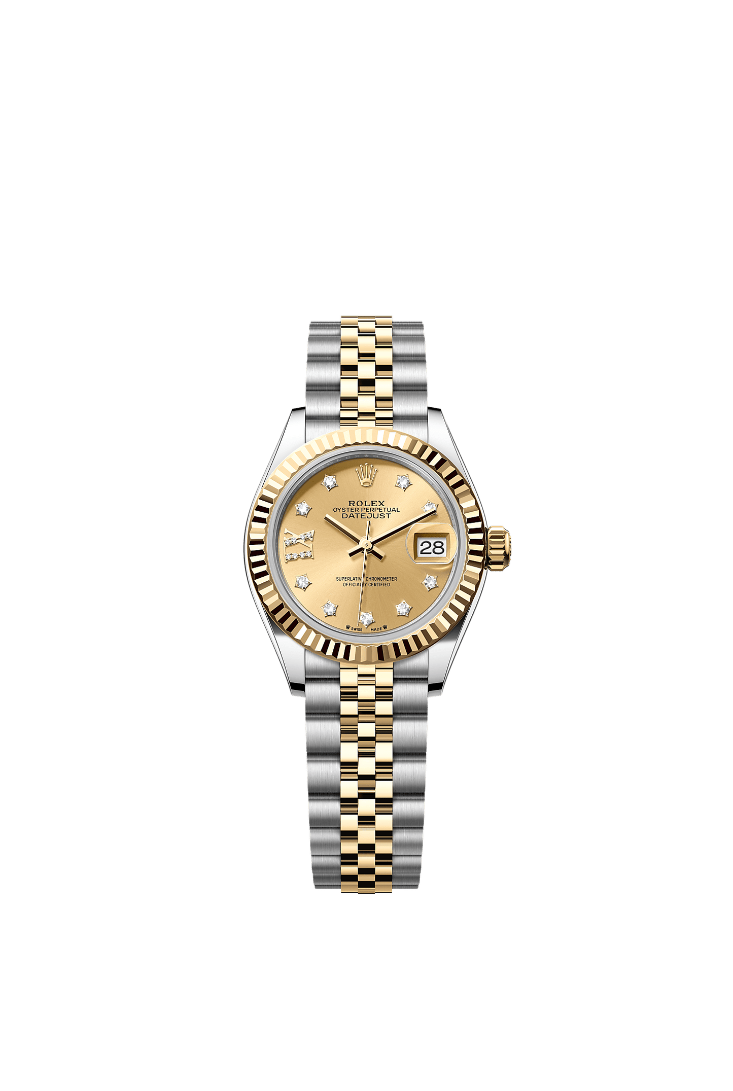 Lady-Datejust 28 Oystersteel Yellow Gold Champagne Diamond Dial Fluted Bezel Jubilee Bracelet 28mm Self-Winding Watch