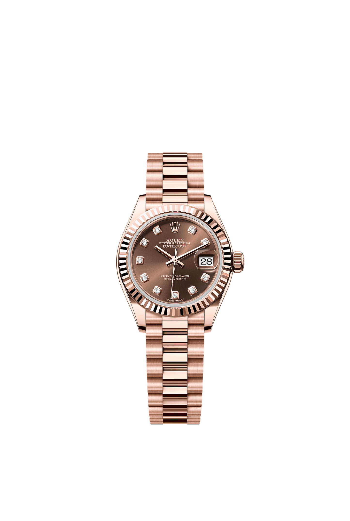 Lady-Datejust Oyster Chronometer Watch 28mm 18ct Everose Gold Chocolate Diamond Dial President Bracelet