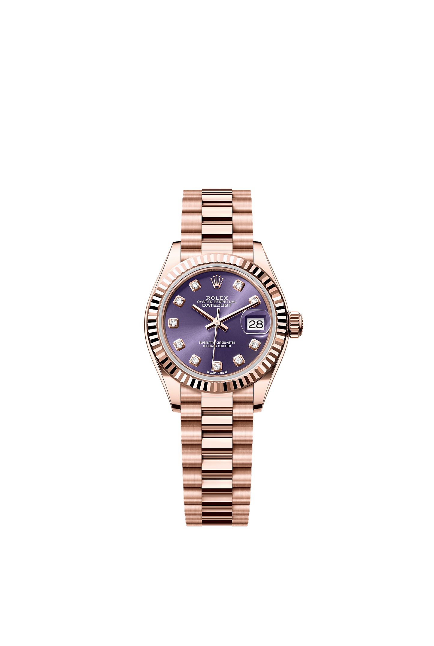 Lady-Datejust Oyster Chronometer Watch 28mm 18ct Everose Gold Aubergine Diamond Dial President Bracelet
