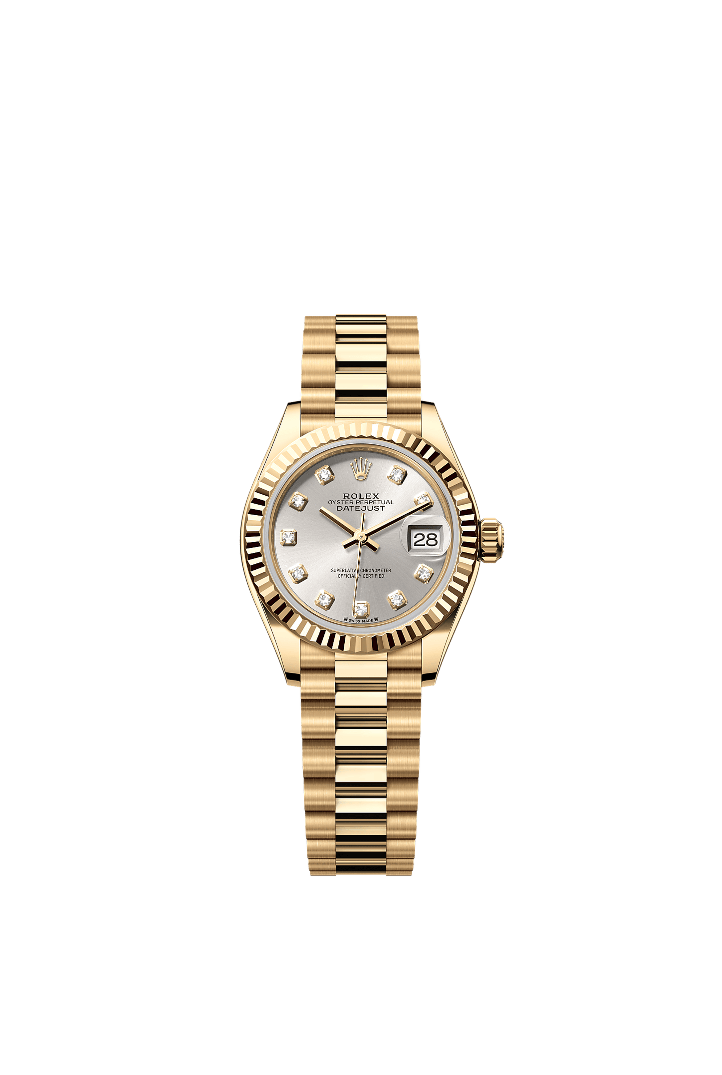 Lady-Datejust Oyster Chronometer Watch 28mm 18ct Yellow Gold Silver Diamond Dial President Bracelet