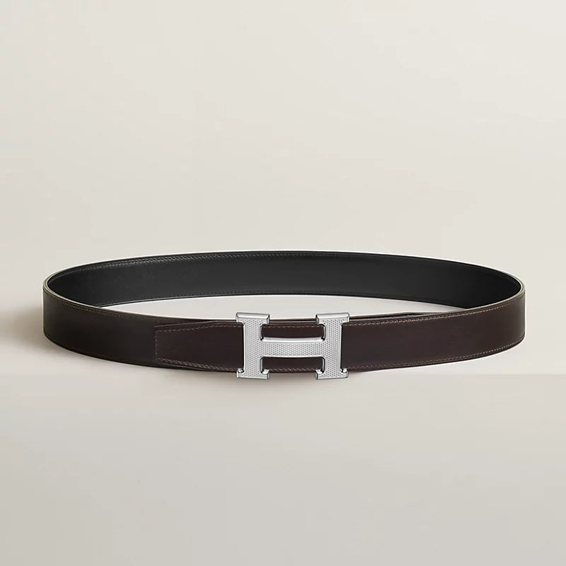 H Guillochee Belt Buckle & Reversible Leather Strap 32 MM