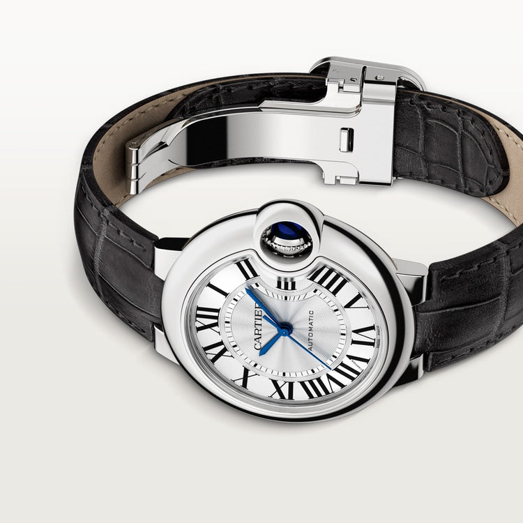 Ballon Bleu 33mm Steel Automatic Silver Guilloché Dial Alligator Strap Watch