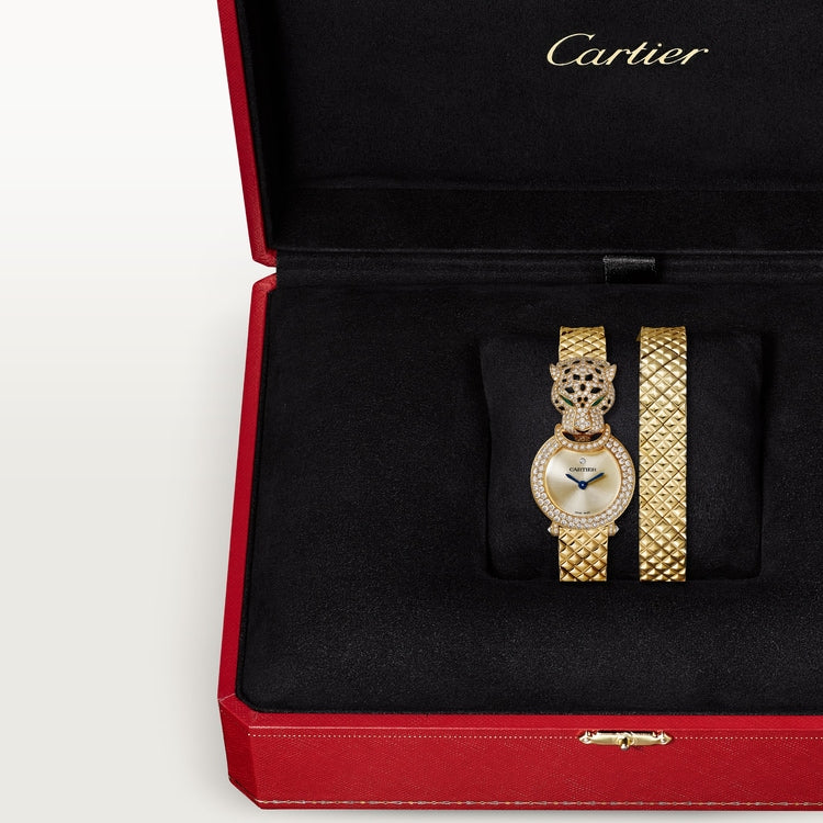Panthère de Cartier Mini 23.6mm Yellow Gold Diamond Bezel Diamond Panther Head Emerald Eyes Golden Dial Yellow Gold Double Loop Bracelet Quartz Watch