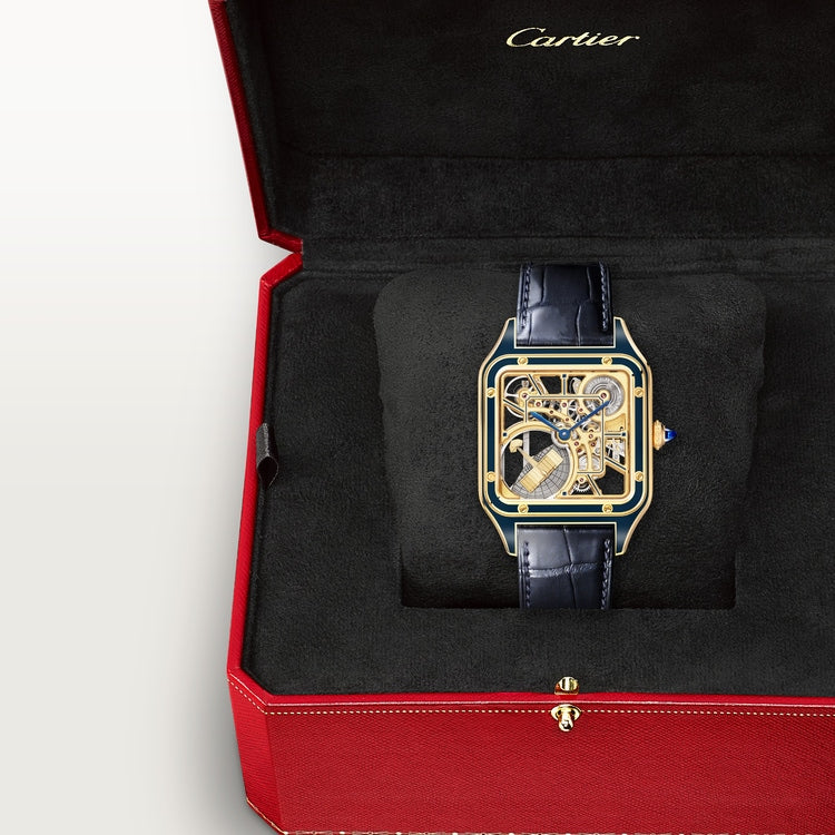 Santos-Dumont Skeleton Large 31mm Yellow Gold Blue Crown Skeleton Dial Blue Alligator Strap Self-Winding Watch