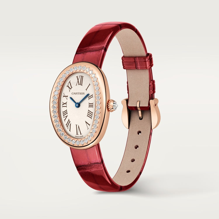 Baignoire Small 31.4mm x 23.09mm Rose Gold Diamond Case Diamond Crown Silvered Dial Red Alligator Strap Quartz Watch