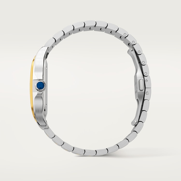 Santos de Cartier Medium 35.1mm Steel Yellow Gold Diamond Bezel Blue Crown Golden Sunray Dial Steel Bracelet Automatic Watch