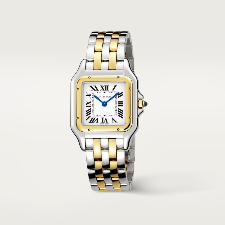 Panthère de Cartier Medium 29mm x 37mm Yellow Gold Steel Blue Crown Silver Dial Yellow Gold Steel Bracelet Quartz Watch