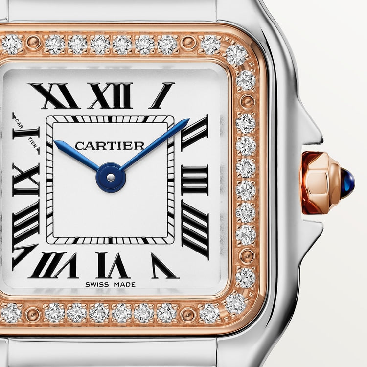 Panthère de Cartier Small 22mm x 30mm Rose Gold Steel Diamond Bezel Blue Crown Silver Dial Rose Gold Steel Bracelet Quartz Watch