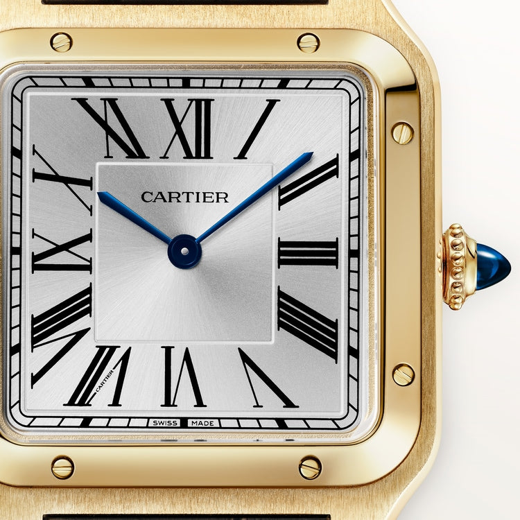 Santos-Dumont Large 43.5mm x 31.4mm Yellow Gold Blue Crown Silvered Satin-Finish Dial Navy Blue Alligator Leather Strap Manual-Winding Watch