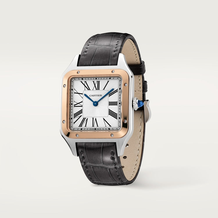 Santos-Dumont Large 43.5mm x 31.4mm Rose Gold Steel Blue Crown Silver Sunray Dial Alligator Leather Strap Quartz Watch