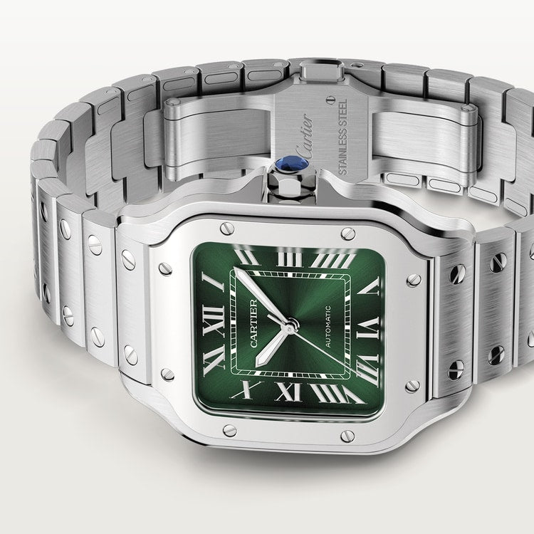 Santos de Cartier Medium 35.1mm Steel Blue Crown Green Dial Steel Bracelet Self-Winding Watch