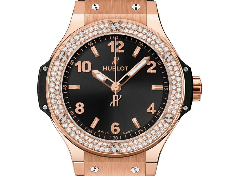 Big Bang Original 38 mm 18K 5N Gold Diamond Black Dial Rubber Strap Watch