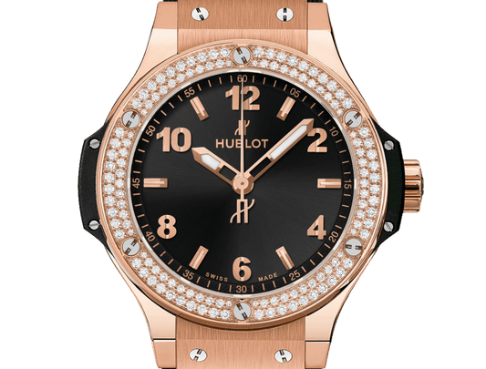 Big Bang Original 38 mm 18K 5N Gold Diamond Black Dial Rubber Strap Watch
