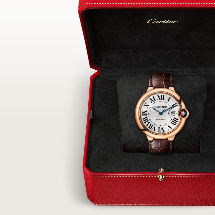 Ballon Bleu 42mm Rose Gold Automatic Silver Guilloché Dial Alligator Strap Watch