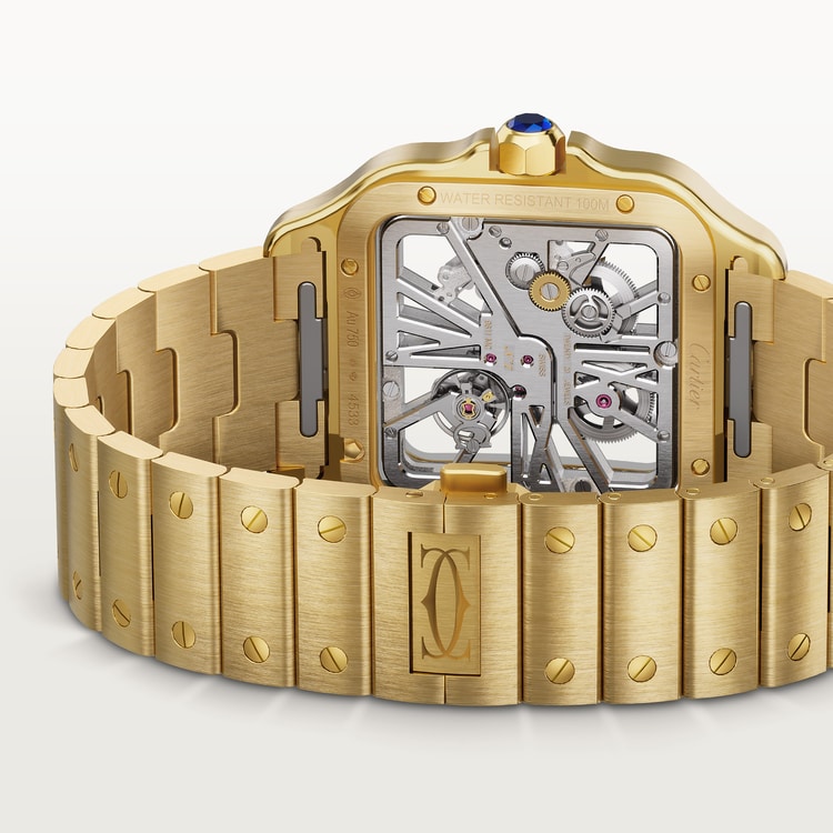 Santos de Cartier Large 39.7mm Yellow Gold Blue Crown Skeleton Dial Yellow Gold Bracelet Manual-Winding Watch