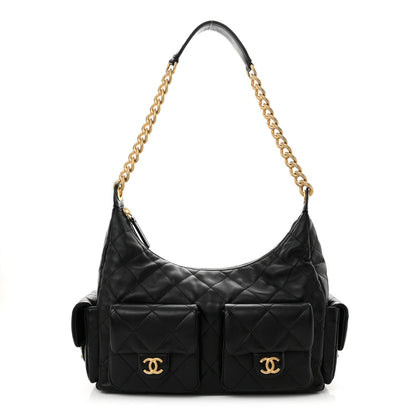 Shiny Lambskin Quilted Trendy Pockets Hobo Black