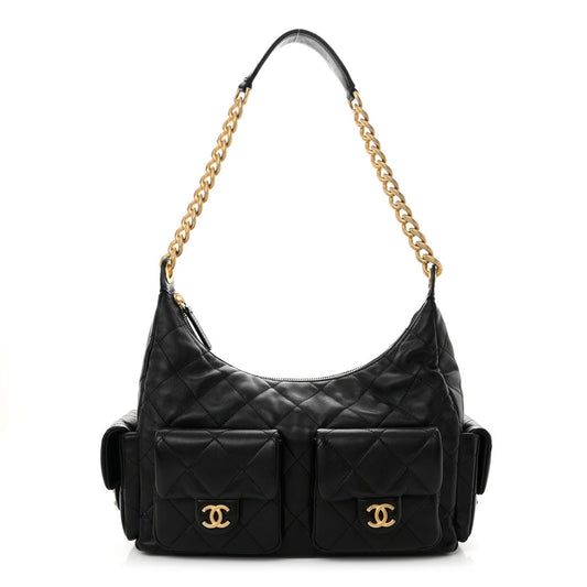Shiny Lambskin Quilted Trendy Pockets Hobo Black