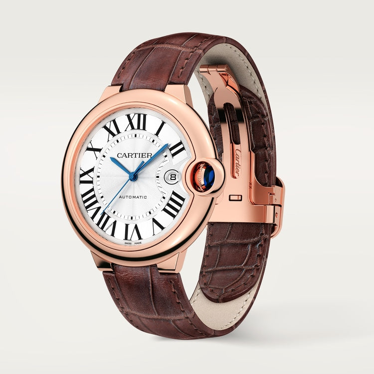 Ballon Bleu 42mm Rose Gold Automatic Silver Guilloché Dial Alligator Strap Watch
